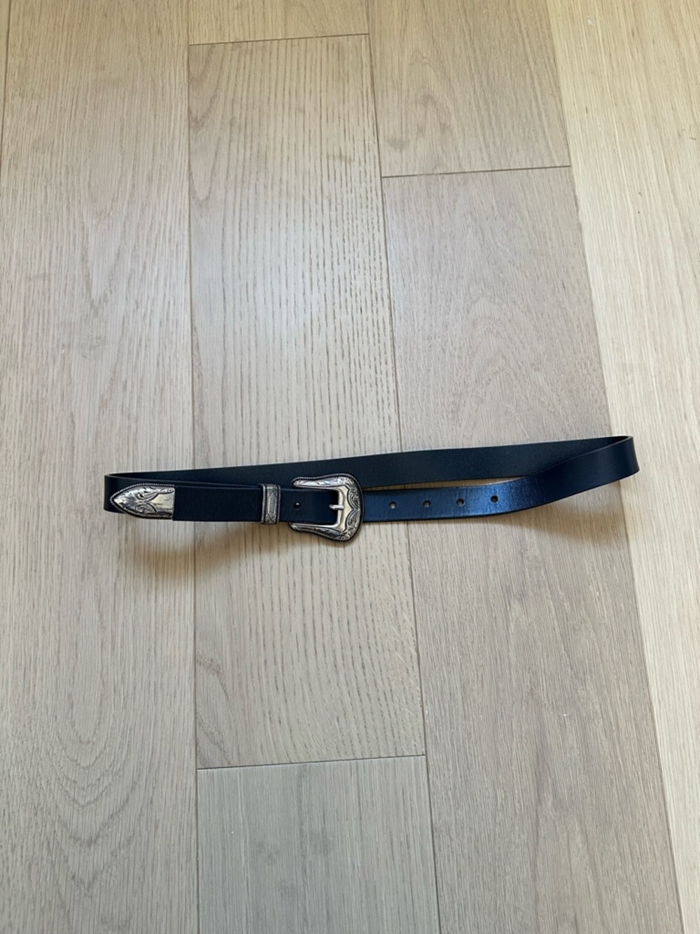 Black Western-style Leather Belt with Silver Buckle